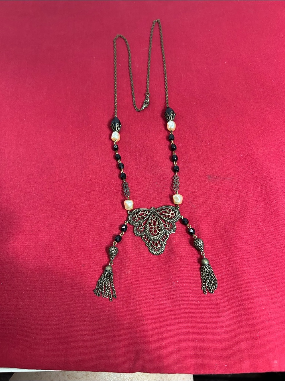 Filigree Pendant Necklace with Black Beads and and faux pearls